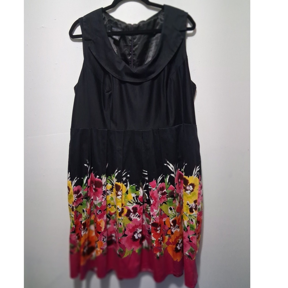 Spense Woman Black Floral Border Print Sleeveless Dress Cowl Neck 16W